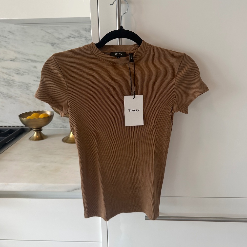 Theory Camel Ribbed Knit Short Sleeve Top Size P Crew Neck Minimalist
